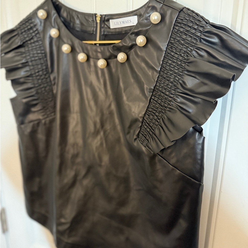 Lilly Mae’s Pearl detail faux leather ruffle sleeve sheath blouse - Picture 5 of 10